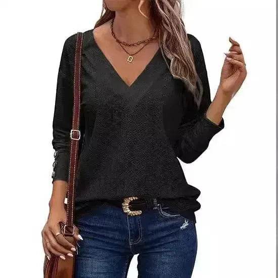 Women's Casual V-neck Long Sleeved Lace Casual Embroidered Shirt top - www.Shopthatapp.com