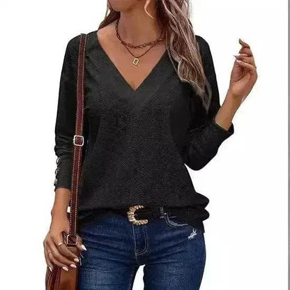 Women's Casual V-neck Long Sleeved Lace Casual Embroidered Shirt top - www.Shopthatapp.com