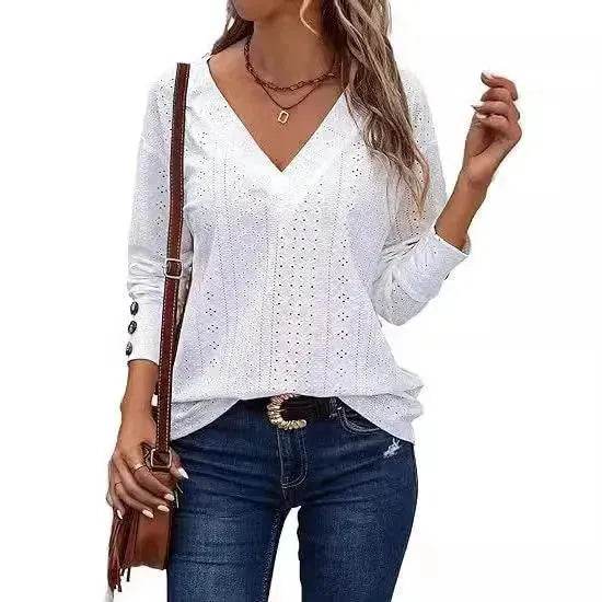 Women's Casual V-neck Long Sleeved Lace Casual Embroidered Shirt top - www.Shopthatapp.com