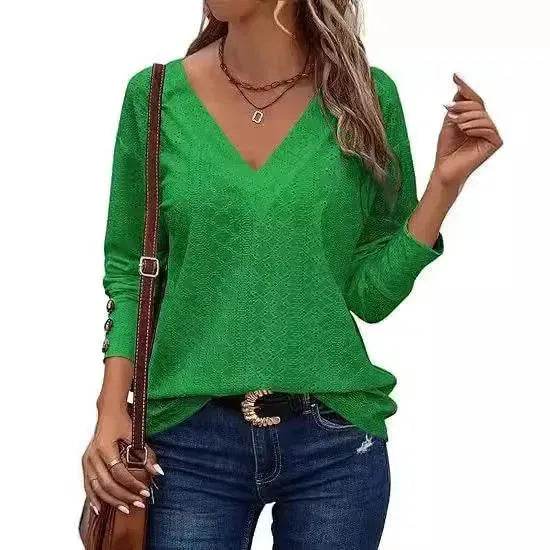 Women's Casual V-neck Long Sleeved Lace Casual Embroidered Shirt top - www.Shopthatapp.com