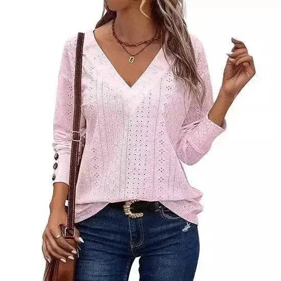 Women's Casual V-neck Long Sleeved Lace Casual Embroidered Shirt top - www.Shopthatapp.com