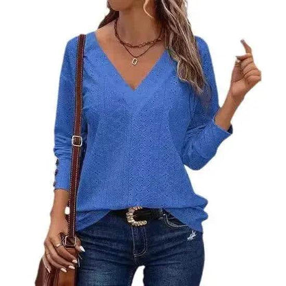 Women's Casual V-neck Long Sleeved Lace Casual Embroidered Shirt top - www.Shopthatapp.com