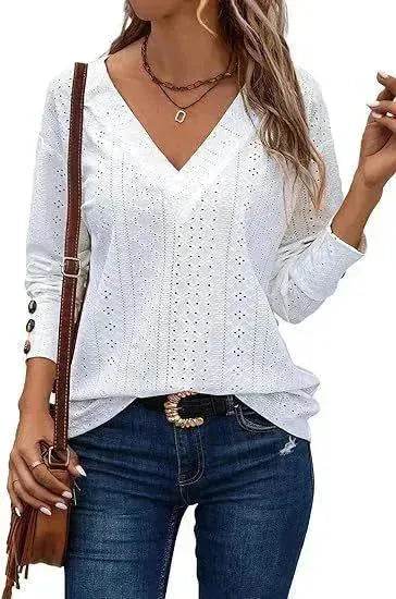 Women's Casual V-neck Long Sleeved Lace Casual Embroidered Shirt top - www.Shopthatapp.com