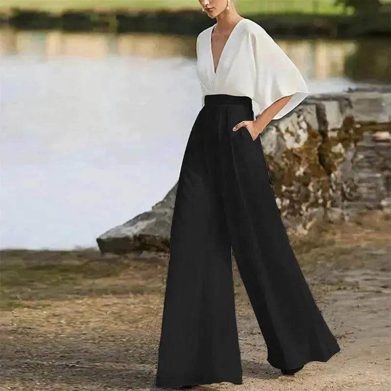 Women's Deep V High Waist Wide Leg Jumpsuit - www.Shopthatapp.com