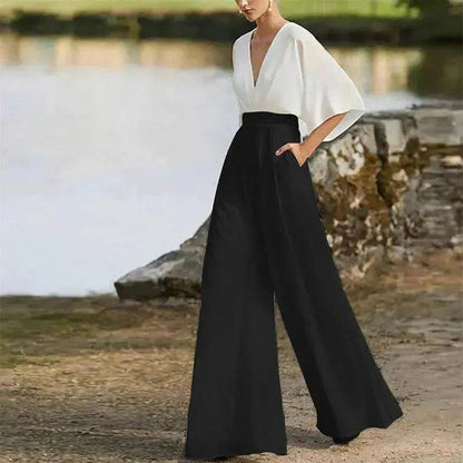 Women's Deep V High Waist Wide Leg Jumpsuit - www.Shopthatapp.com