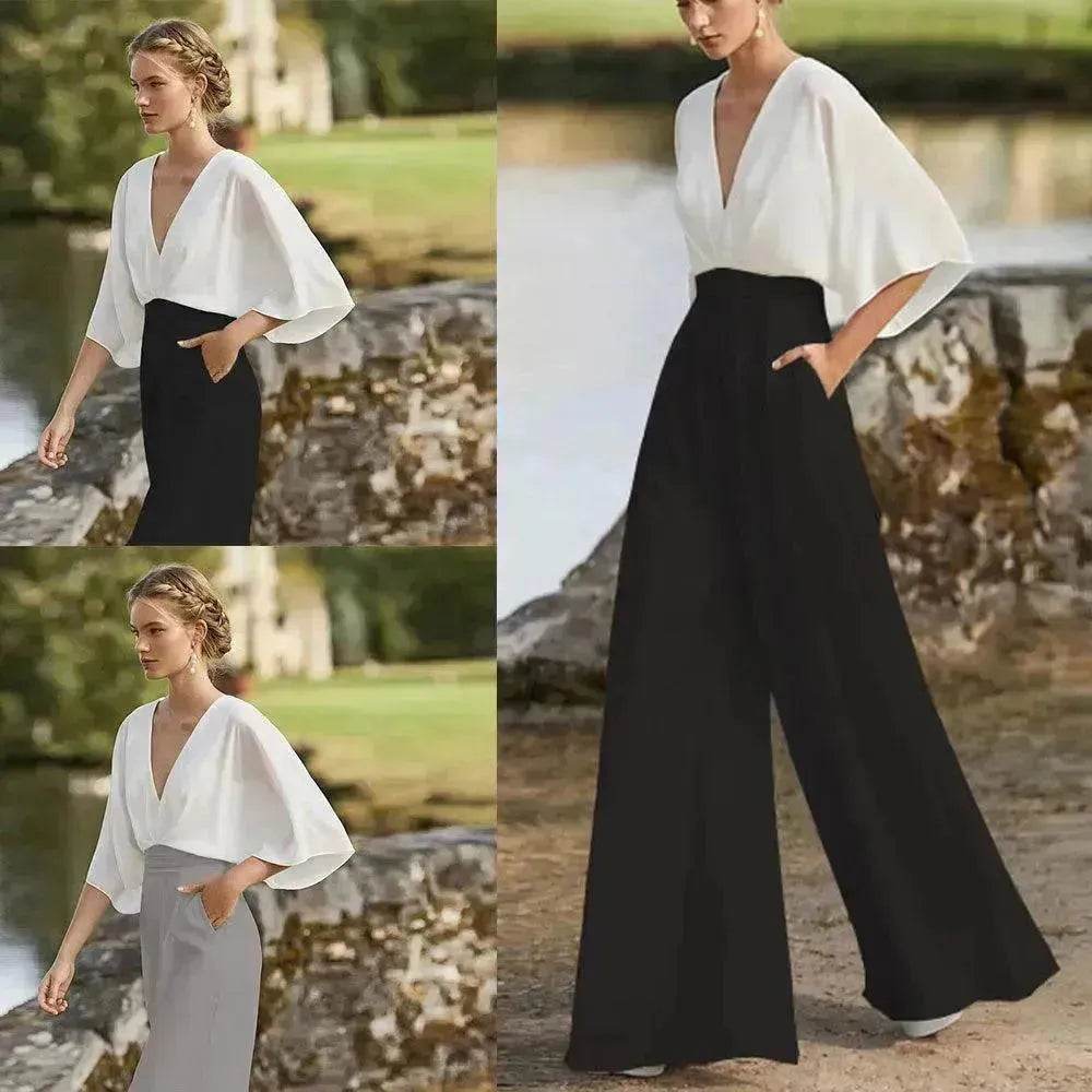 Women's Deep V High Waist Wide Leg Jumpsuit - www.Shopthatapp.com