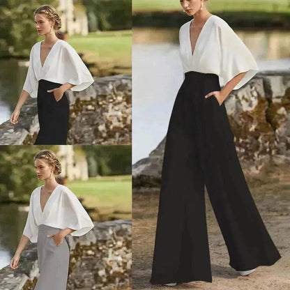 Women's Deep V High Waist Wide Leg Jumpsuit - www.Shopthatapp.com