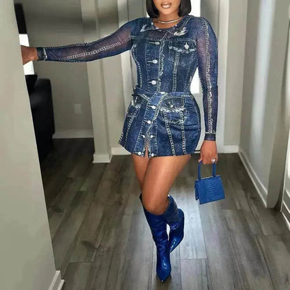 Women's Denim-like Printed Long-sleeved Jumpsuit - www.Shopthatapp.com