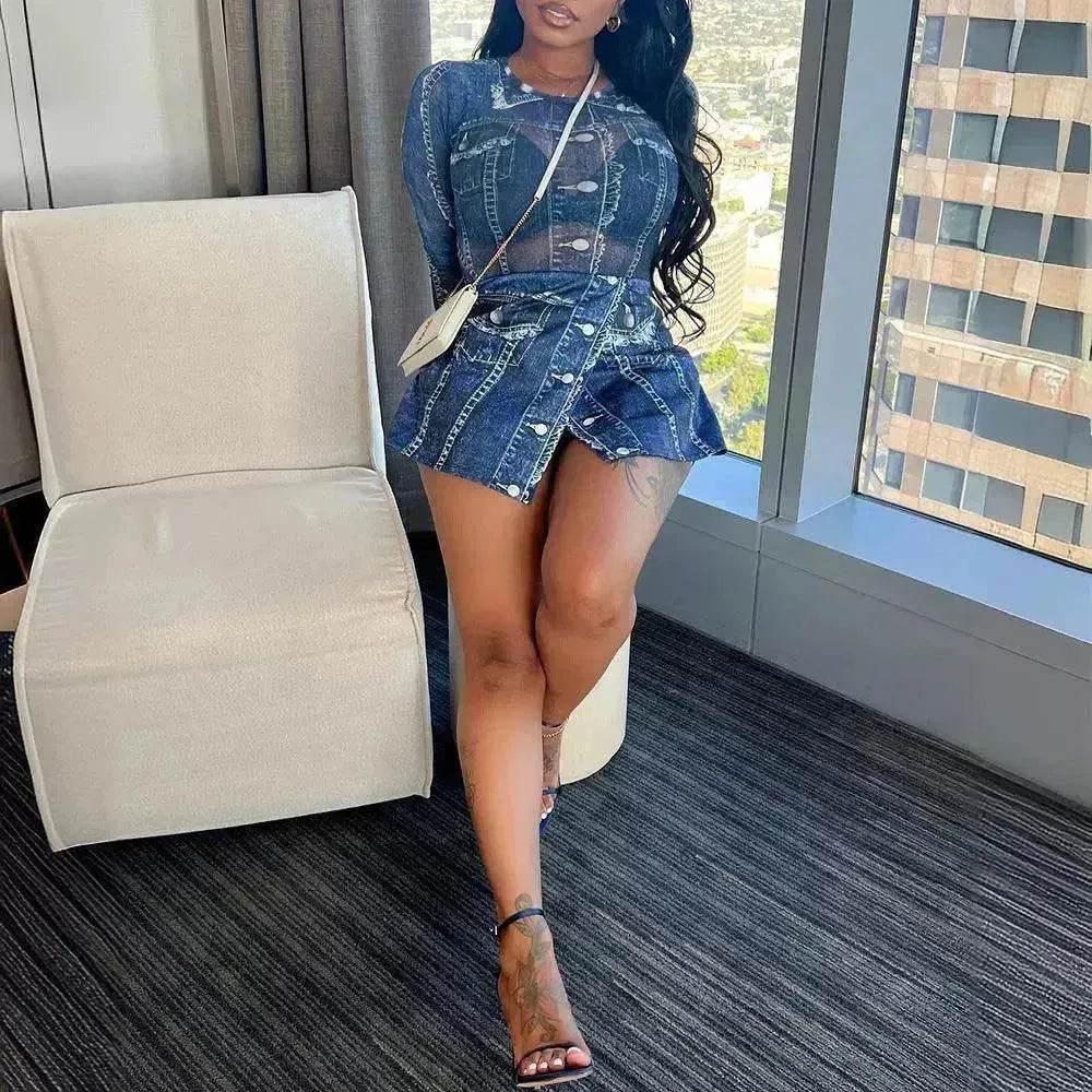 Women's Denim-like Printed Long-sleeved Jumpsuit - www.Shopthatapp.com