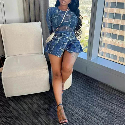 Women's Denim-like Printed Long-sleeved Jumpsuit - www.Shopthatapp.com