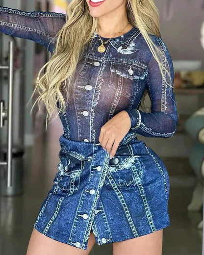 Women's Denim-like Printed Long-sleeved Jumpsuit - www.Shopthatapp.com