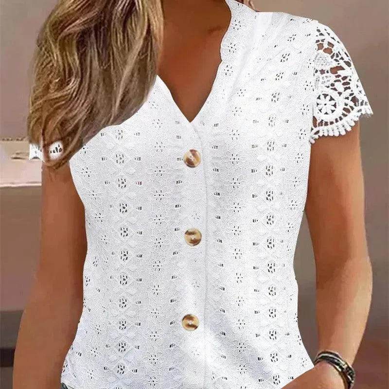 Women Short sleeved button down white lace top. - www.Shopthatapp.com
