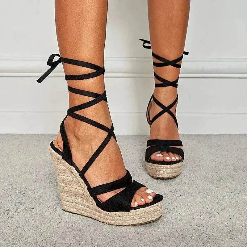 Women's Fashion Foam Bottom Heightening Cross Strappy Rope Tie Wedge Sandals - www.Shopthatapp.com