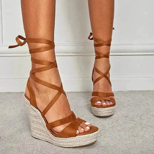 Women's Fashion Foam Bottom Heightening Cross Strappy Rope Tie Wedge Sandals - www.Shopthatapp.com