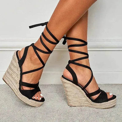 Women's Fashion Foam Bottom Heightening Cross Strappy Rope Tie Wedge Sandals - www.Shopthatapp.com