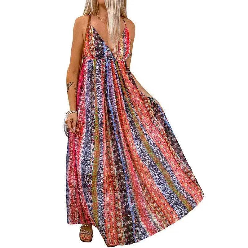 Women's Fashion High Waist Sling Cross Deep V-neck Dress - www.Shopthatapp.com