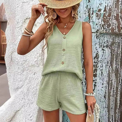 Women's Fashion Loose Sleeveless Solid Color Buttons Decorative Vest Two-piece Set - www.Shopthatapp.com