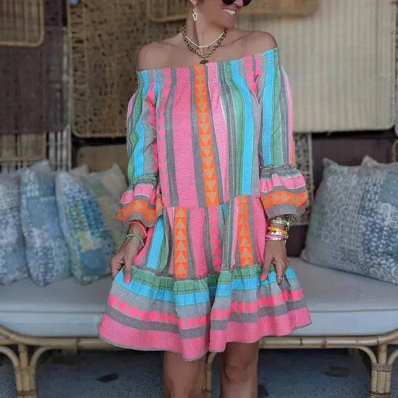 Women's Fashion Patchwork Flared Sleeves Dress - www.Shopthatapp.com