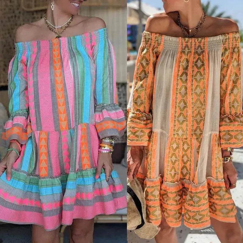 Women's Fashion Patchwork Flared Sleeves Dress - www.Shopthatapp.com
