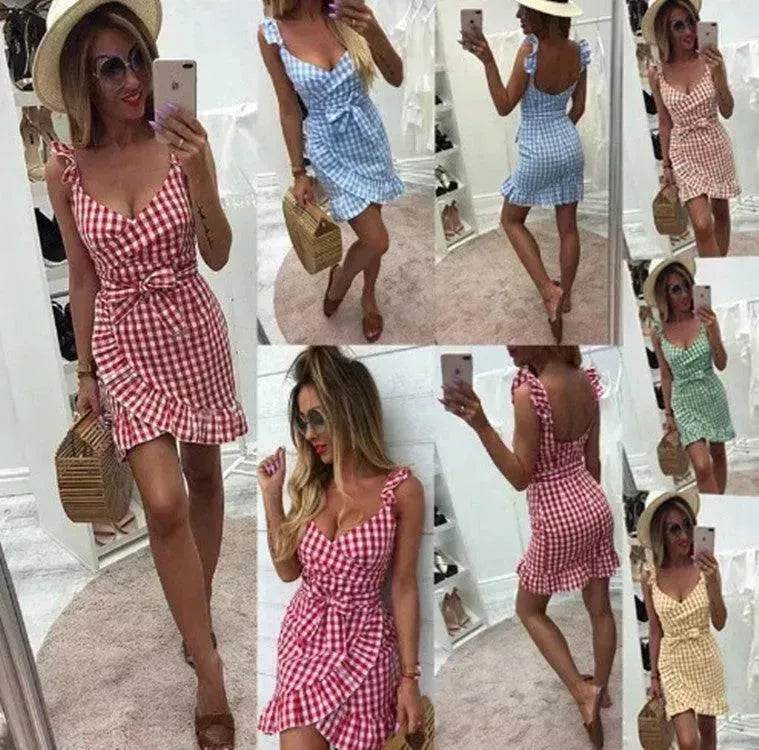 Women's Fashion Personality Summer Sleeveless Plaid Drawstring Casual Mini Dress - www.Shopthatapp.com