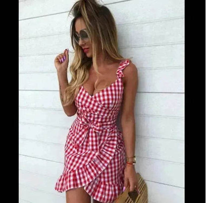Women's Fashion Personality Summer Sleeveless Plaid Drawstring Casual Mini Dress - www.Shopthatapp.com