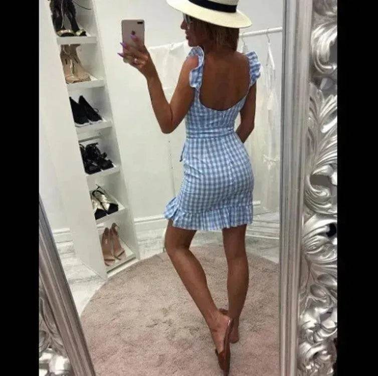 Women's Fashion Personality Summer Sleeveless Plaid Drawstring Casual Mini Dress - www.Shopthatapp.com