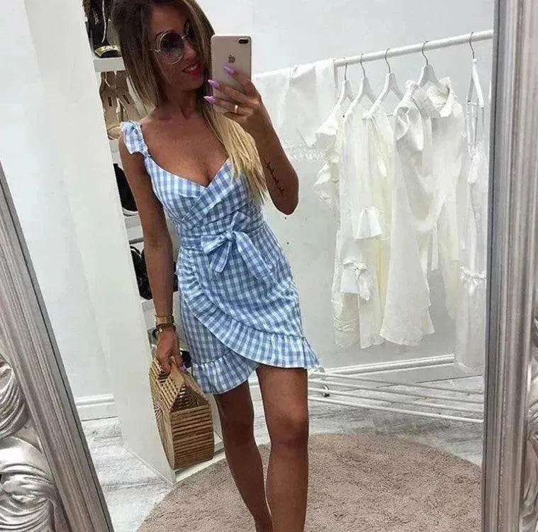Women's Fashion Personality Summer Sleeveless Plaid Drawstring Casual Mini Dress - www.Shopthatapp.com