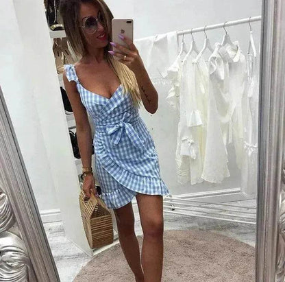 Women's Fashion Personality Summer Sleeveless Plaid Drawstring Casual Mini Dress - www.Shopthatapp.com