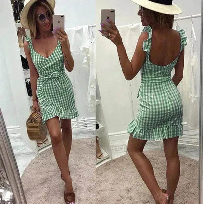 Women's Fashion Personality Summer Sleeveless Plaid Drawstring Casual Mini Dress - www.Shopthatapp.com