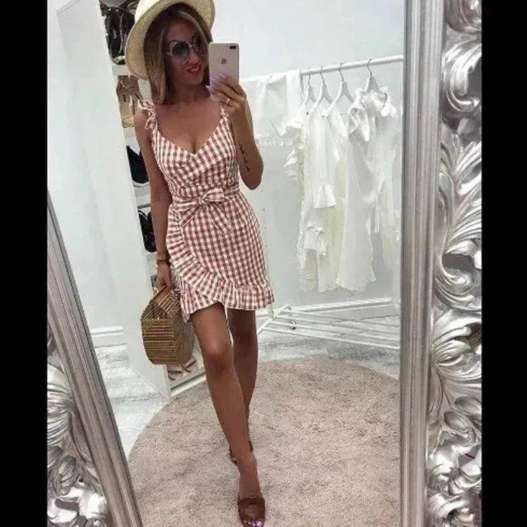 Women's Fashion Personality Summer Sleeveless Plaid Drawstring Casual Mini Dress - www.Shopthatapp.com