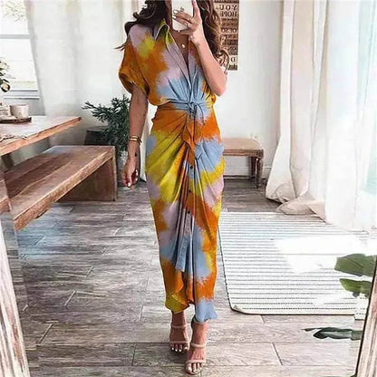 Women's Fashion Printed Temperament Loose Casual Lace-up Dress - www.Shopthatapp.com