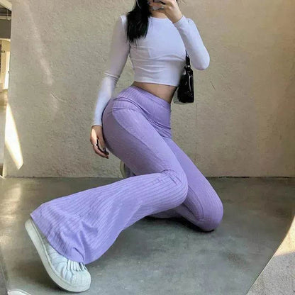 Women's Fashion Solid Color Tight-fitting High-waist Micro-cut Stretch Casual High rise Wide Leg Pant Trousers - www.Shopthatapp.com