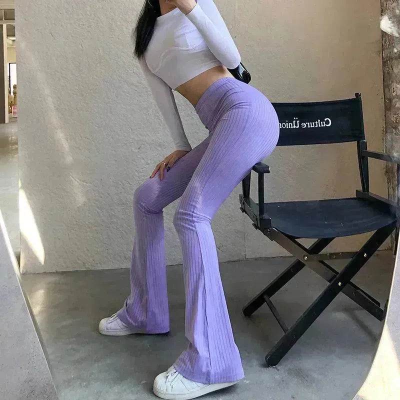 Women's Fashion Solid Color Tight-fitting High-waist Micro-cut Stretch Casual High rise Wide Leg Pant Trousers - www.Shopthatapp.com