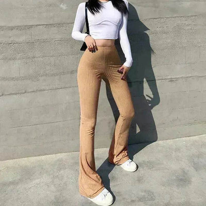 Women's Fashion Solid Color Tight-fitting High-waist Micro-cut Stretch Casual High rise Wide Leg Pant Trousers - www.Shopthatapp.com