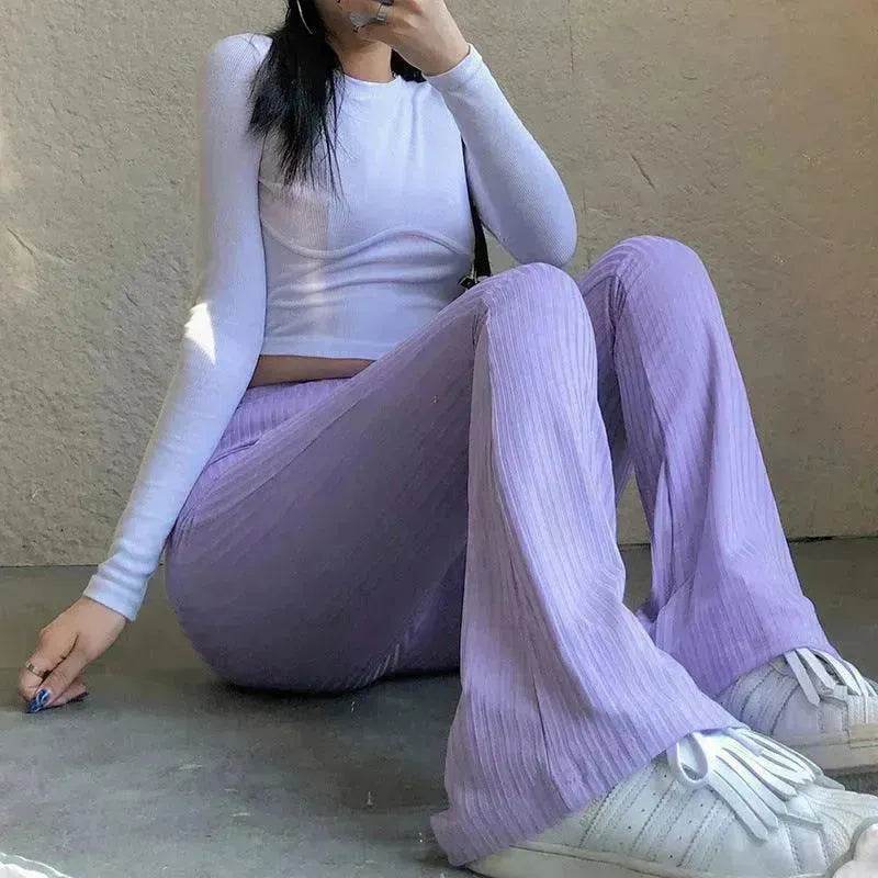 Women's Fashion Solid Color Tight-fitting High-waist Micro-cut Stretch Casual High rise Wide Leg Pant Trousers - www.Shopthatapp.com