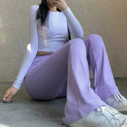 Women's Fashion Solid Color Tight-fitting High-waist Micro-cut Stretch Casual High rise Wide Leg Pant Trousers - www.Shopthatapp.com