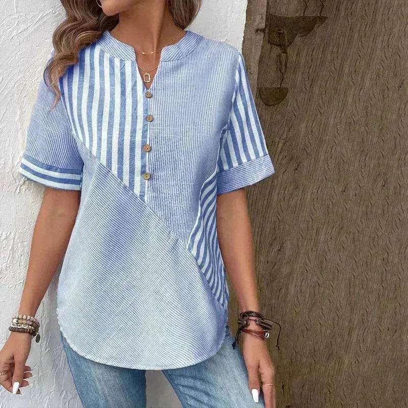 Women's Fashion V-neck Asymmetric Stripes Patchwork Top - www.Shopthatapp.com