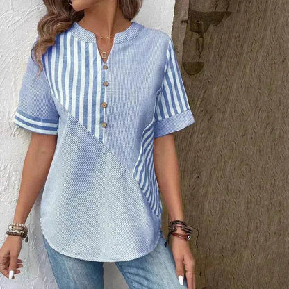 Women's Fashion V-neck Asymmetric Stripes Patchwork Top - www.Shopthatapp.com