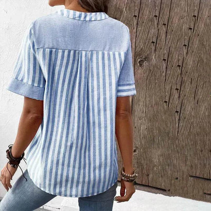 Women's Fashion V-neck Asymmetric Stripes Patchwork Top - www.Shopthatapp.com
