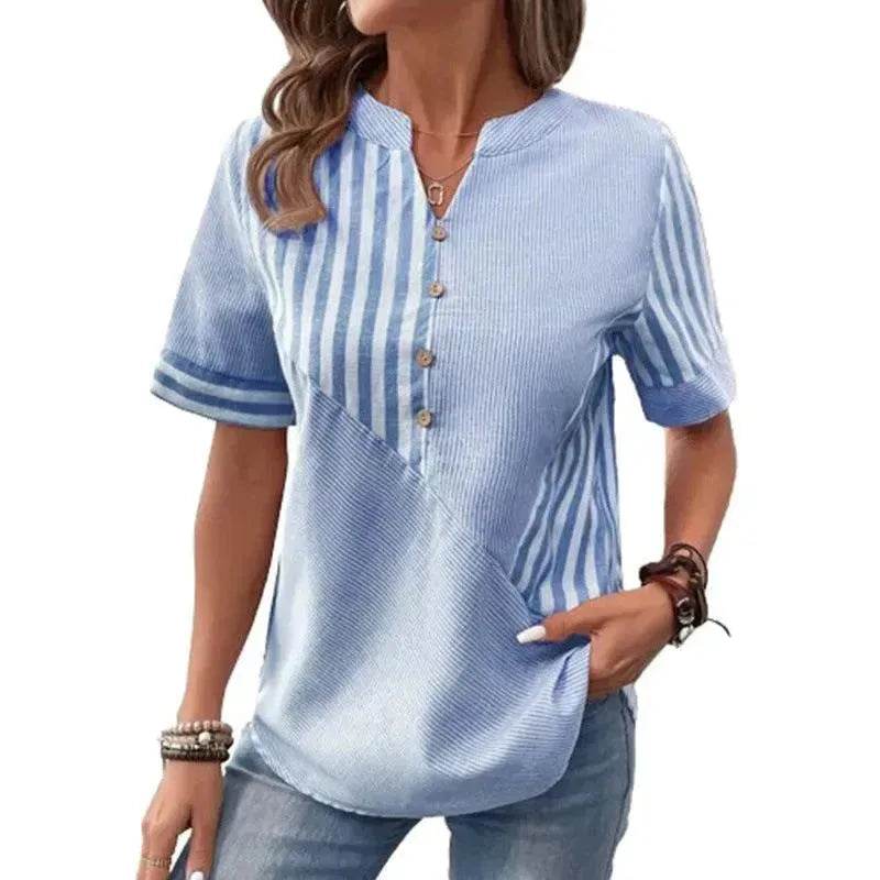Women's Fashion V-neck Asymmetric Stripes Patchwork Top - www.Shopthatapp.com