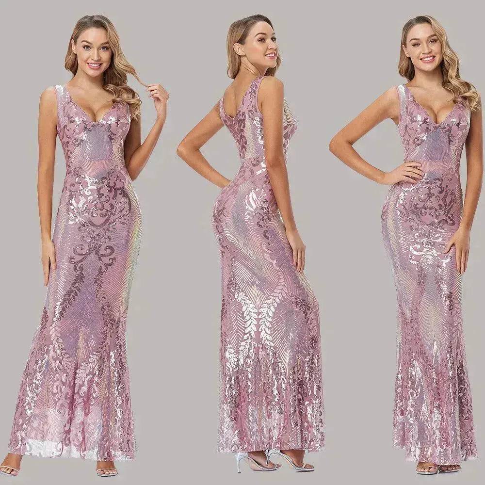 Women's Fashionable Sequin High Waist Sleeveless V-Neck Evening Gown - www.Shopthatapp.com