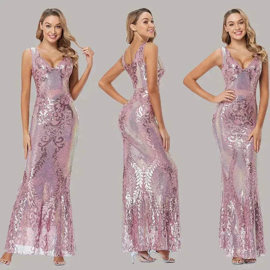 Women's Fashionable Sequin High Waist Sleeveless V-Neck Evening Gown - www.Shopthatapp.com