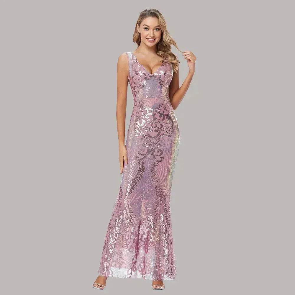 Women's Fashionable Sequin High Waist Sleeveless V-Neck Evening Gown - www.Shopthatapp.com