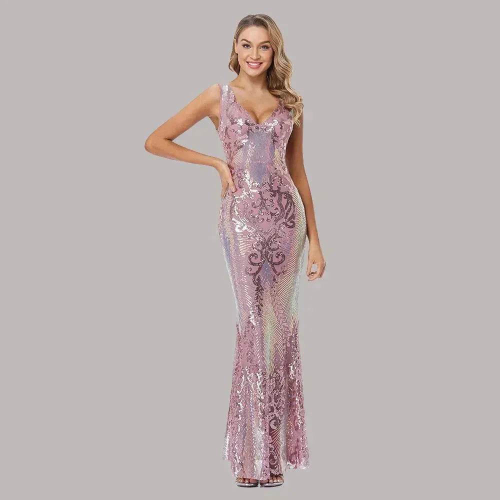 Women's Fashionable Sequin High Waist Sleeveless V-Neck Evening Gown - www.Shopthatapp.com