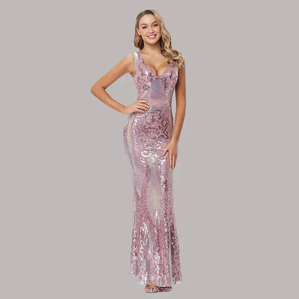 Women's Fashionable Sequin High Waist Sleeveless V-Neck Evening Gown - www.Shopthatapp.com