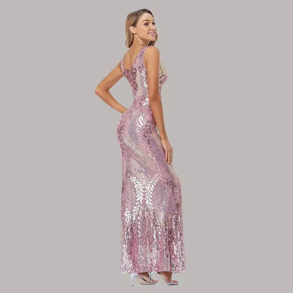 Women's Fashionable Sequin High Waist Sleeveless V-Neck Evening Gown - www.Shopthatapp.com