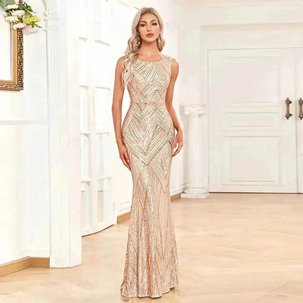 Women's Fashionable Sleeveless Round Neck Sparkling Evening Gown - www.Shopthatapp.com