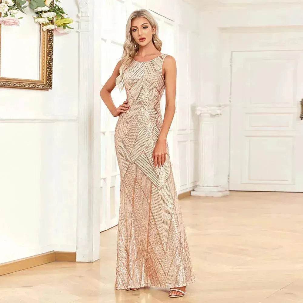 Women's Fashionable Sleeveless Round Neck Sparkling Evening Gown - www.Shopthatapp.com