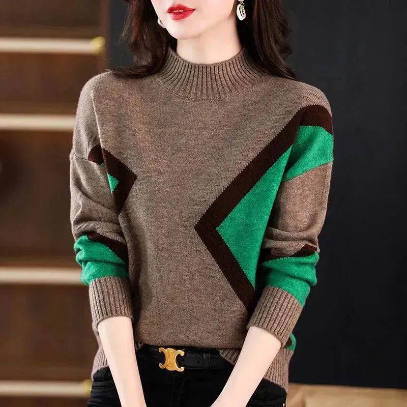 Women's Half Turtleneck Loose-fitting Versatile Sweater Color Matching Knitted Bottoming Shirt - www.Shopthatapp.com