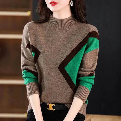Women's Half Turtleneck Loose-fitting Versatile Sweater Color Matching Knitted Bottoming Shirt - www.Shopthatapp.com